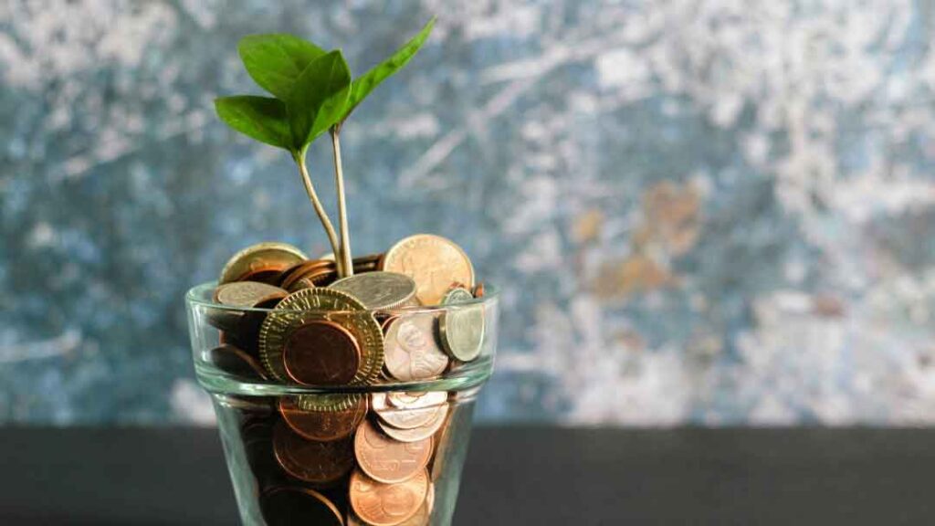 Glass filled with coins and a green plant sprouting, symbolizing financial growth and investment